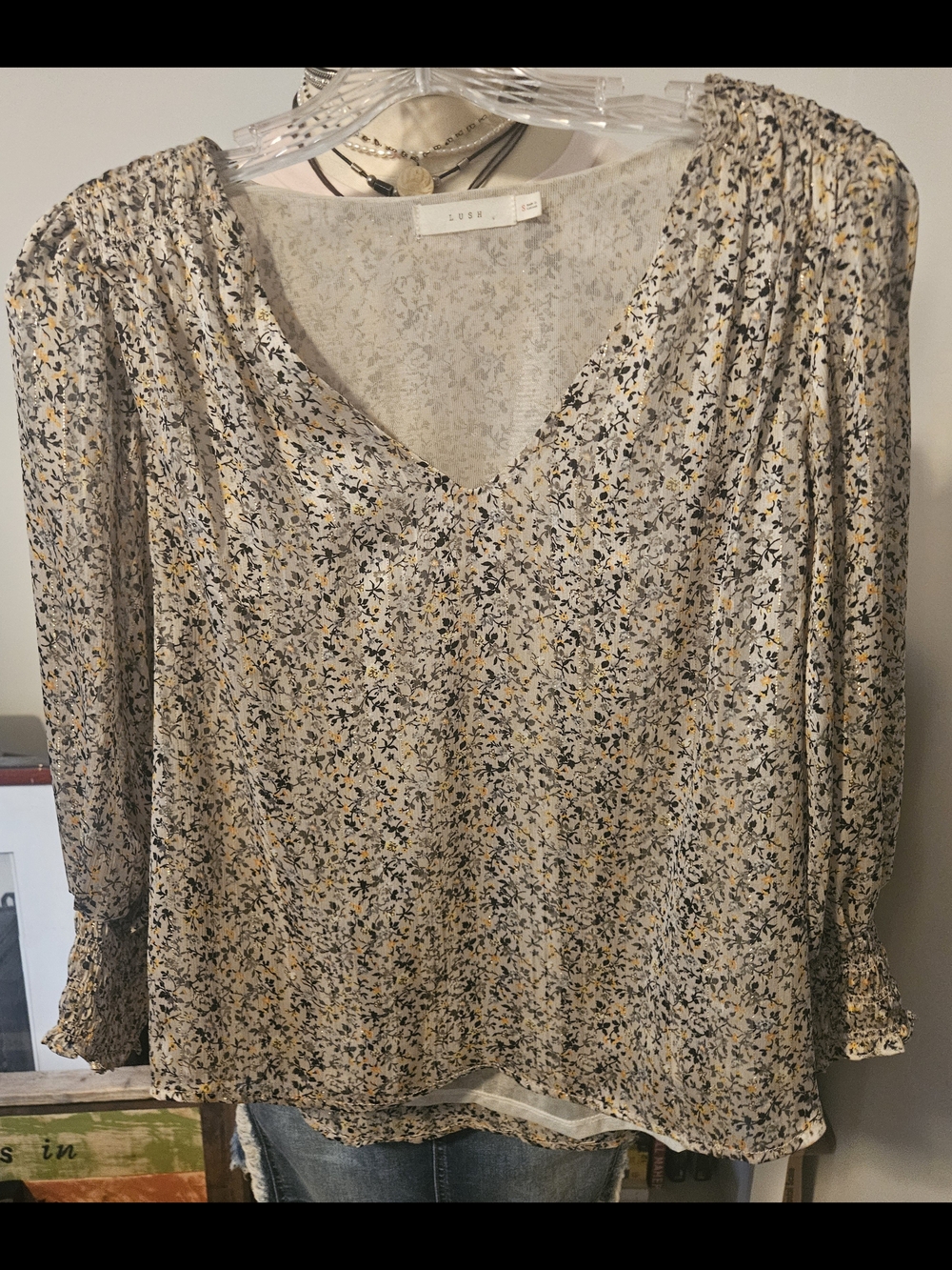 Lush NOT LOFT Cream Floral V-Neck Blouse with Yellow & Black Shimmer Accents